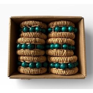 New Napkin Rings Jute Woven Wooden Turquoise Beads Set of 6